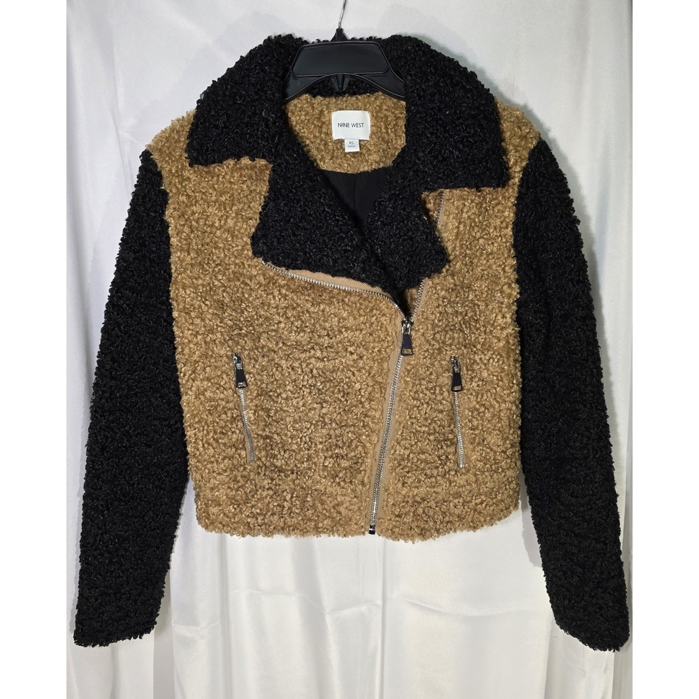 Nine West Sherpa Bomber Jacket Size XS Zipper Closure Warm Stylish Tan Black